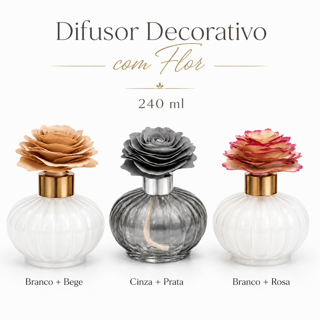 Frasco Difusor Fumê de Ambiente Vidro 240ml Premium com Flor Decorativa e Tampa Prata