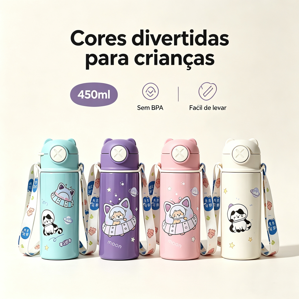 Garrafa Térmica Infântil Aço Inox Com Canudo e Estampa De 450ml