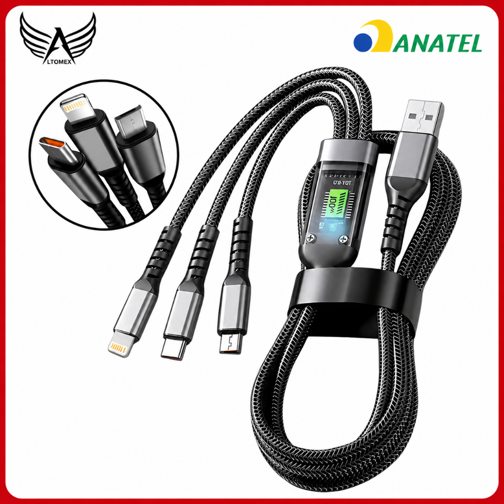 Cabo 3 em 1 Carregador Turbo 100W Tipo C Micro USB Lightning Carregamento Rápido