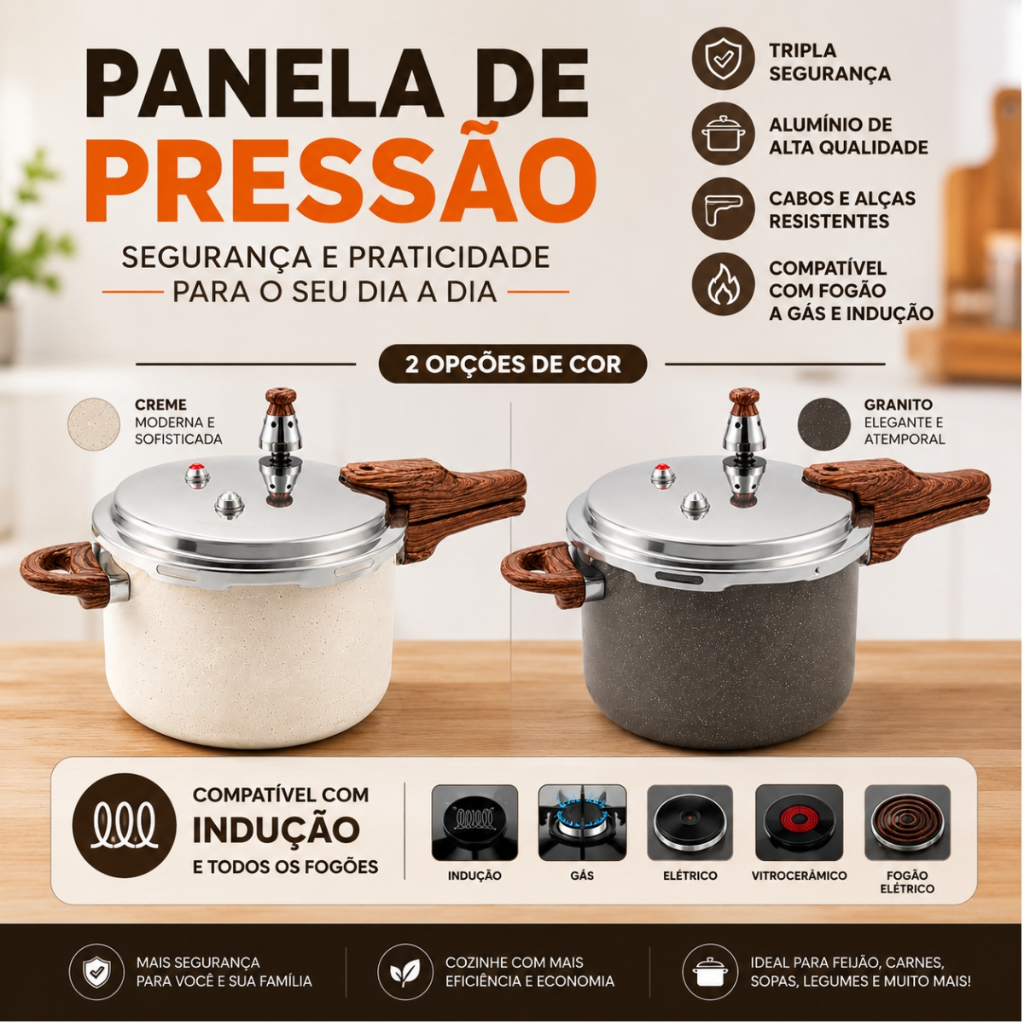 Panela Pressão Cerâmica Granito Indução 4,2L 3 Válvulas Segurança Pratitudo Essencial