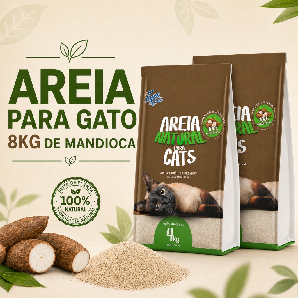 Areia Gato Mandioca Biodegradável 8kg