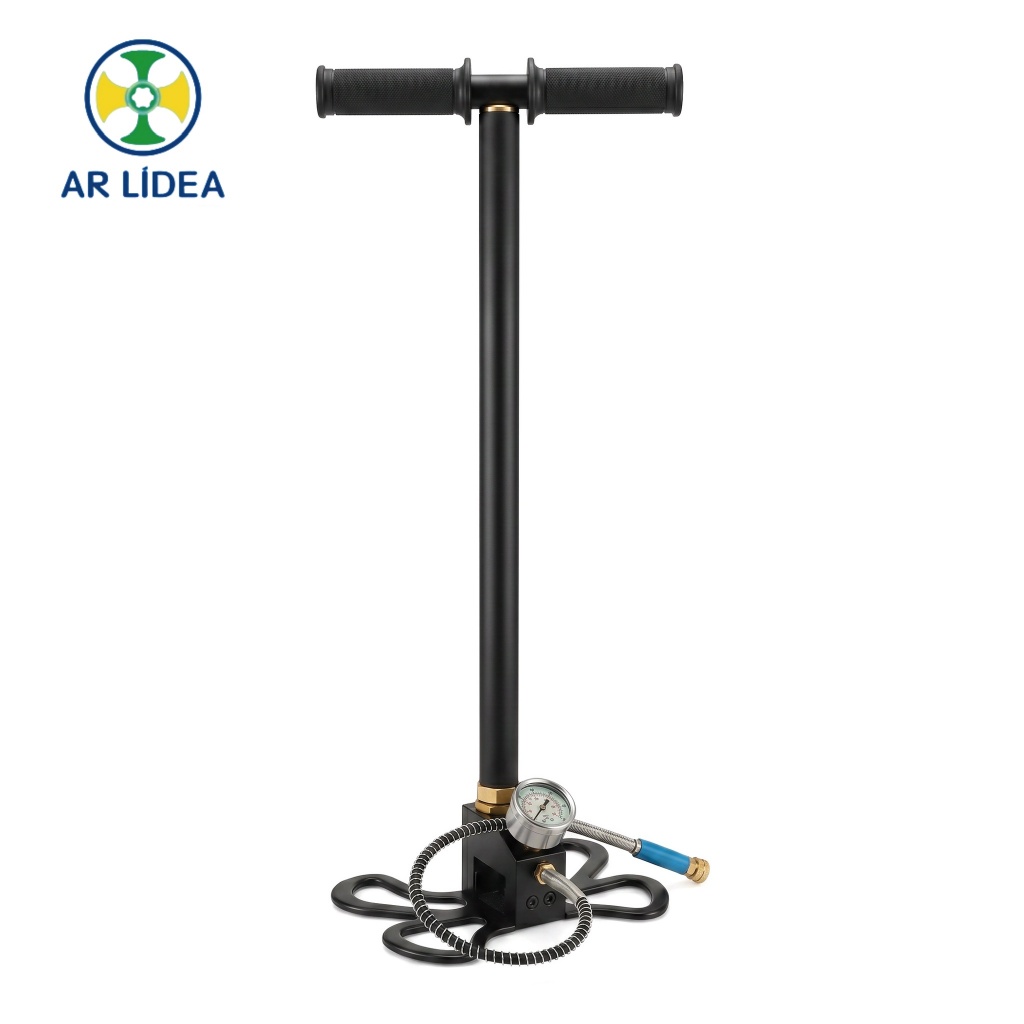Bomba PCP Manual 300BAR 4500PSI Alta Pressão em Aço com Manômetro e Pedal Dobrável