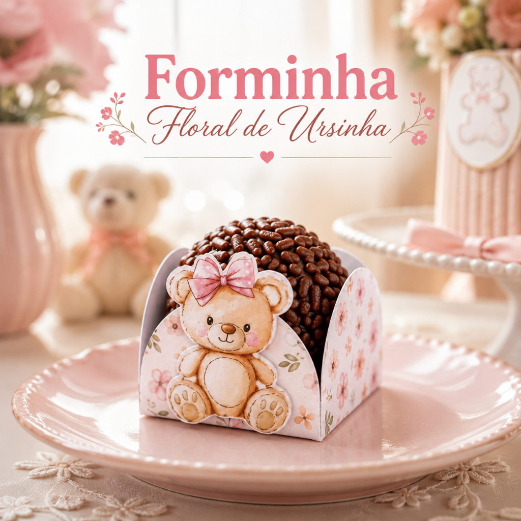 Forminha para Docinho Ursinho Chá Revelação ou Chá de Bebê | Forminha Brigadeiro Floral Rosa Festa Menina