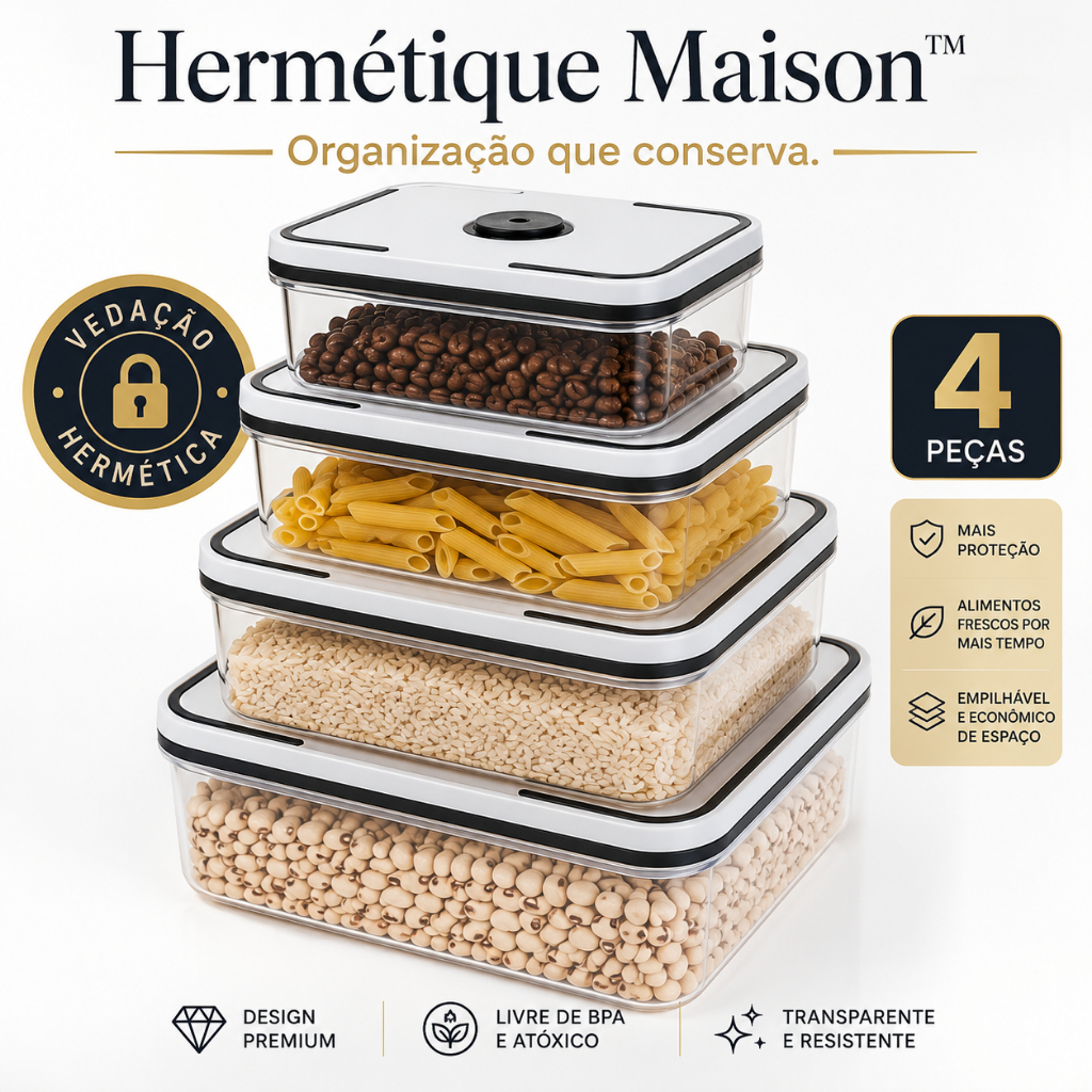 Kit 4 Potes Herméticos Plástico Transparente com Tampa Vedação Organizador de Mantimentos Cozinha Empilhável Hermétique