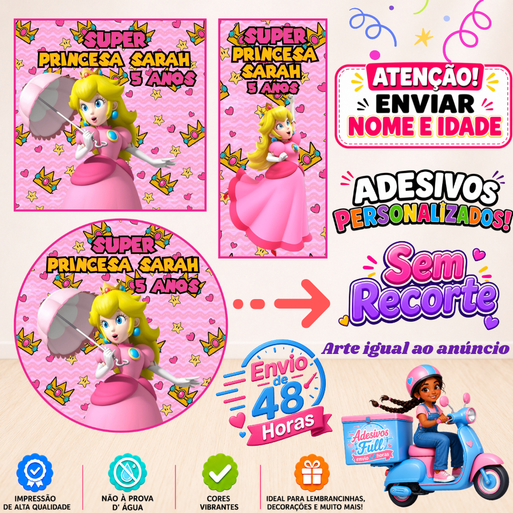 Super Princesa Peach - 100/60/40 Adesivos Personalizados Lembrancinhas Festa Aniversário