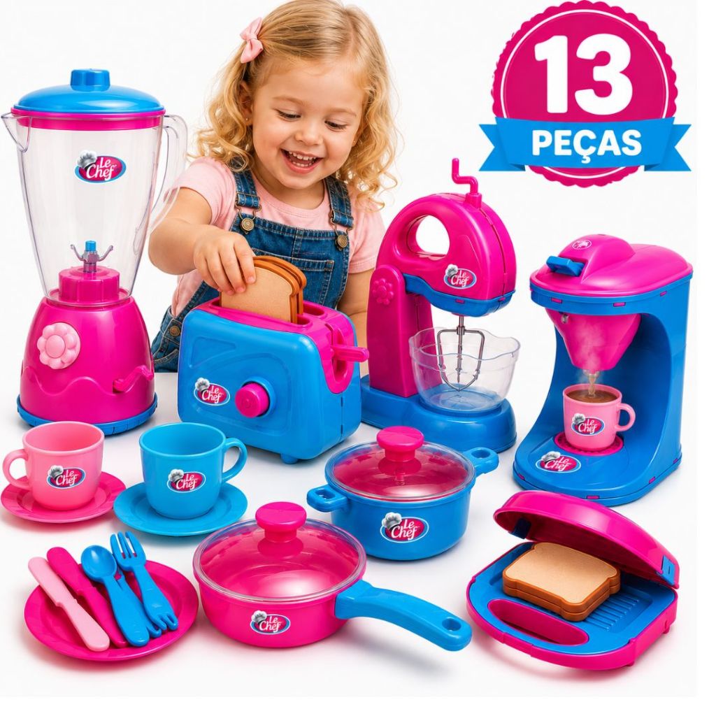 Kit Cozinha Infantil 13pcs Brinquedo Eletrodomésticos Comidinhas Acessórios Brinquedo Menina Rosa Faz de Conta