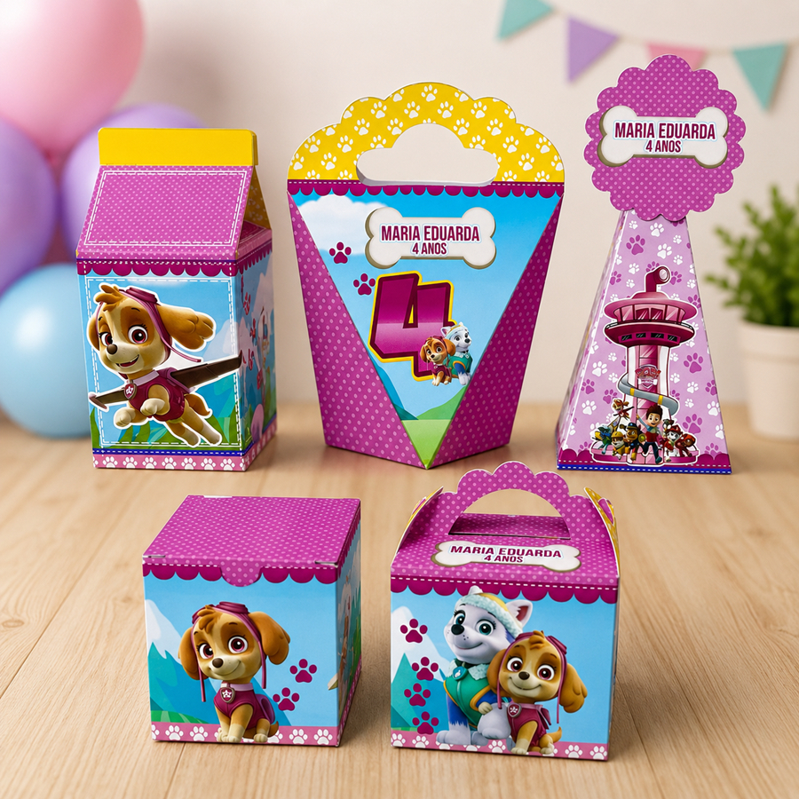 Kit Festa Patrulha Canina Rosa Personalizado | Caixa Milk, Caixa Sushi, Pirâmide e Maletinha | Lembrancinhas Aniversário