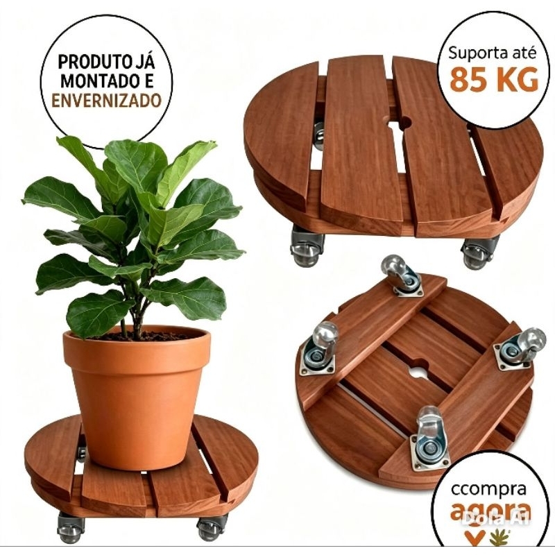Suporte Redondo Para Vaso De Planta Peroba com Rodinhas De Silicone, Botijão De Gás