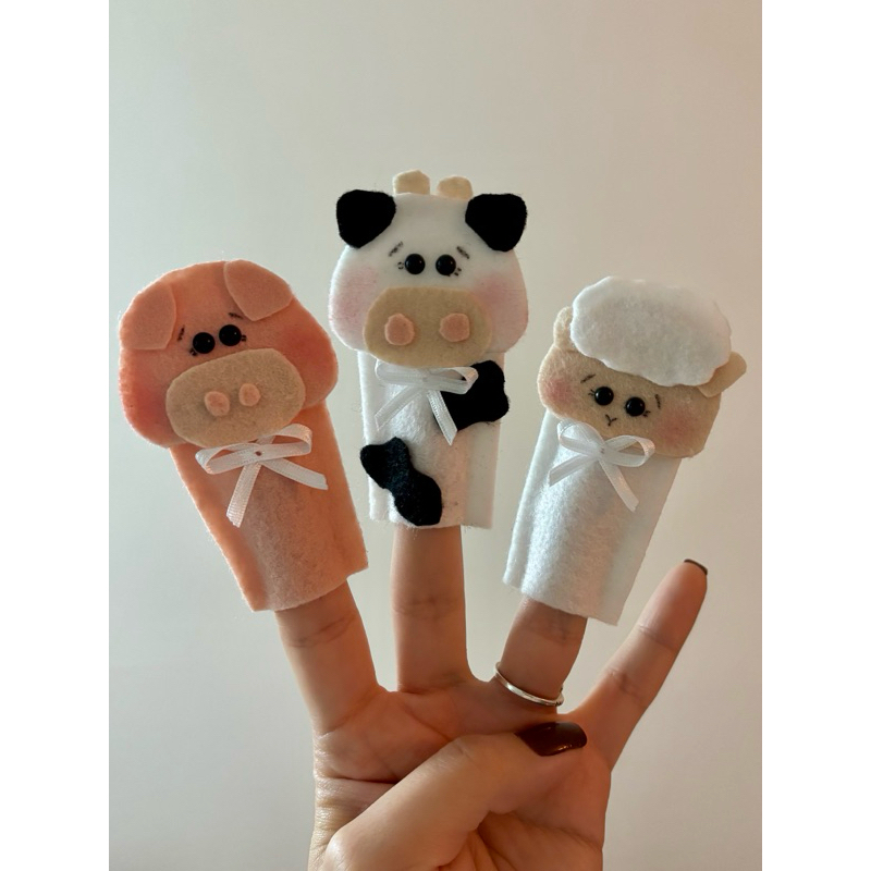 Kit com 3 Dedoche Fantoche de Dedo Fazenda Feltro Artesanal Porquinho Vaquinha Ovelha Brinquedo Infantilc