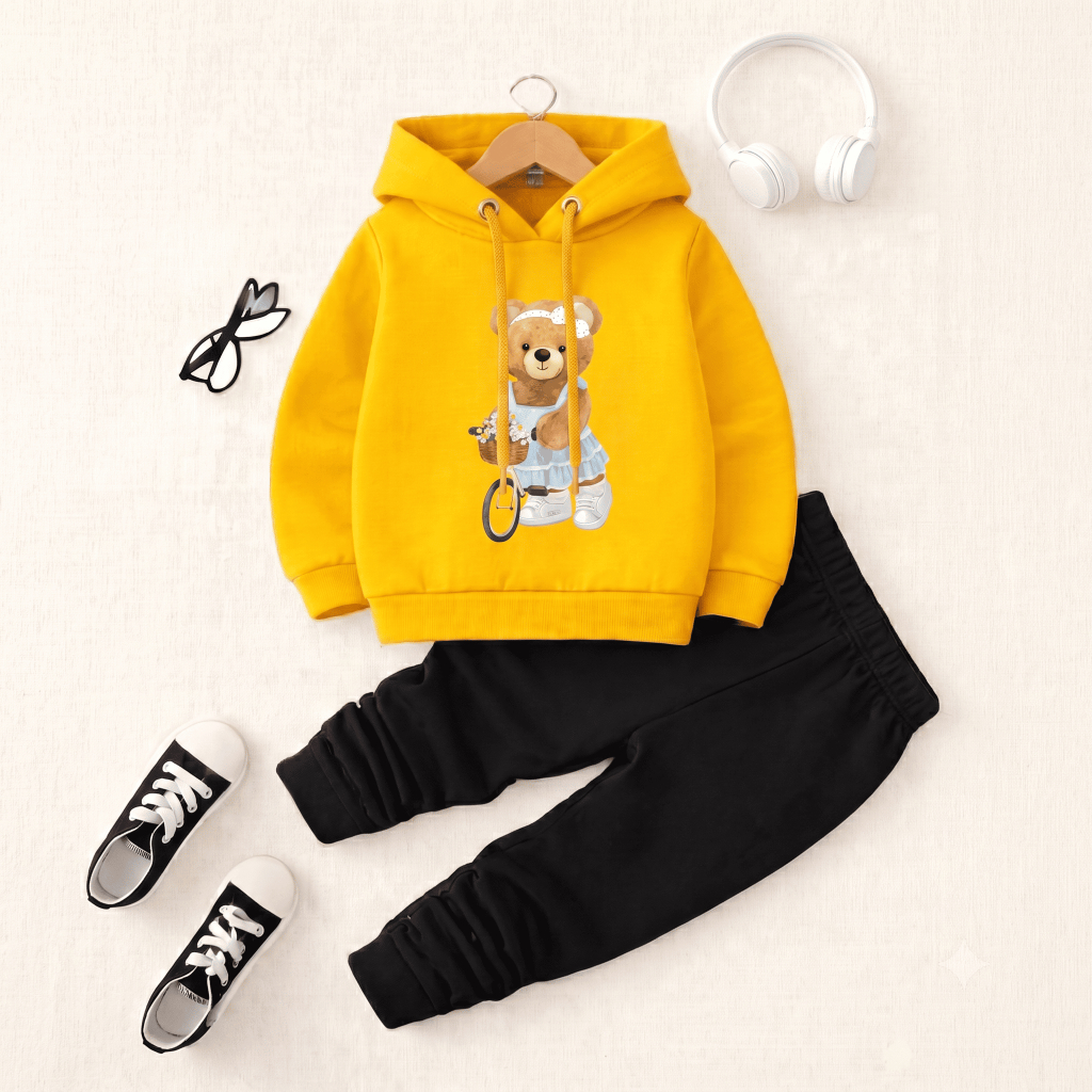 Conjunto Moletom Infantil Estampado Ursinha Canguru Algodão Com Capuz Casual Confortável