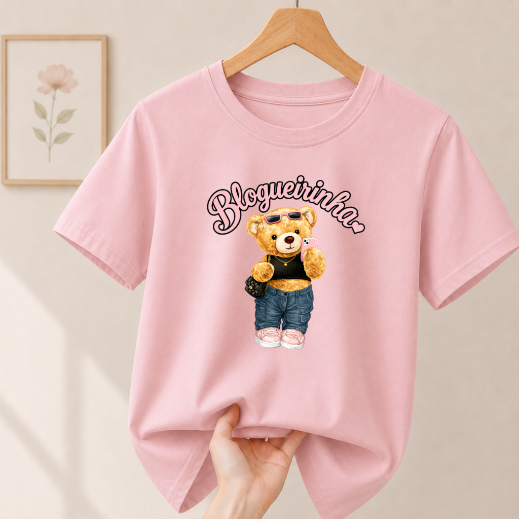 T-shirt Feminina Infantil Ursa Blogueirinha Fashion Oferta Lançamento Camiseta Estampada Algodão Tendência Novidade Kids