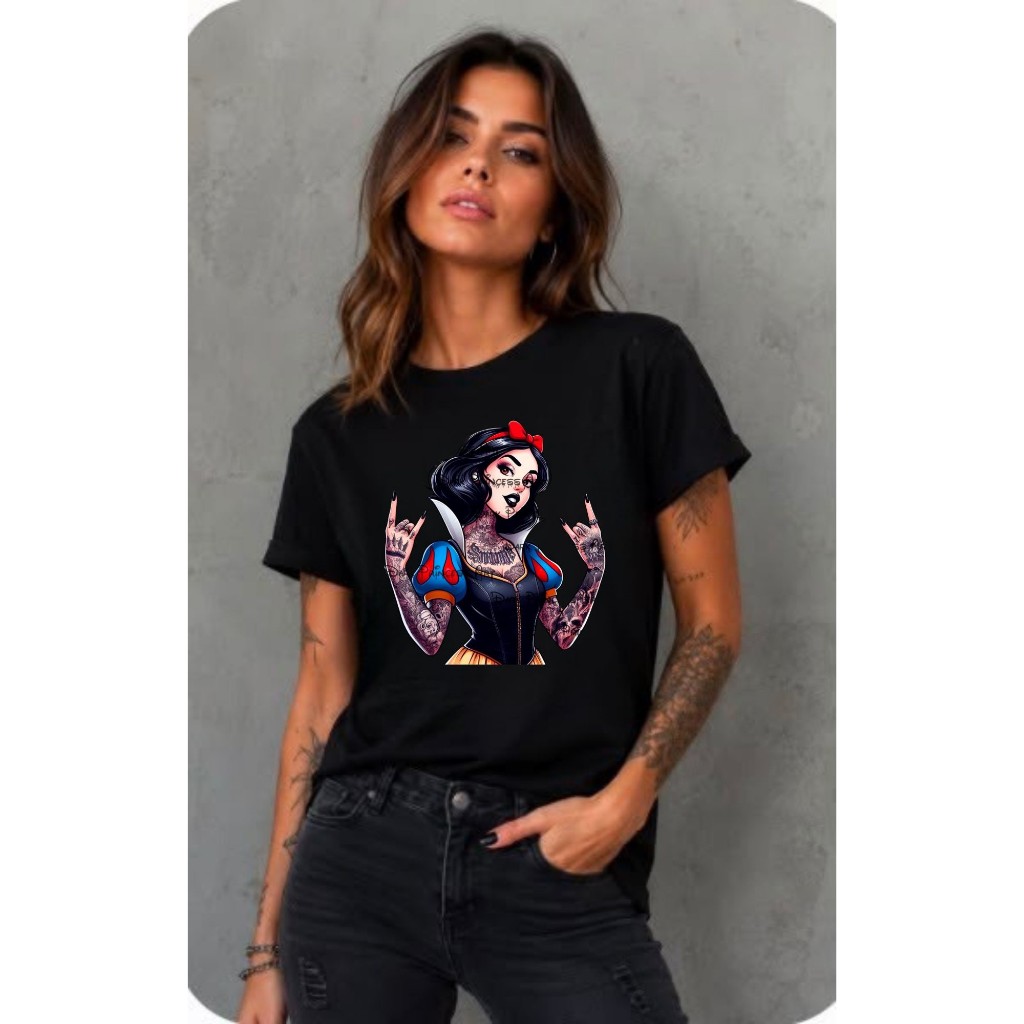 Camiseta Blusa T-shirt de Luxo Algodão - Rock & Roll Branca De Neve Rock Estampada Algodao Premium