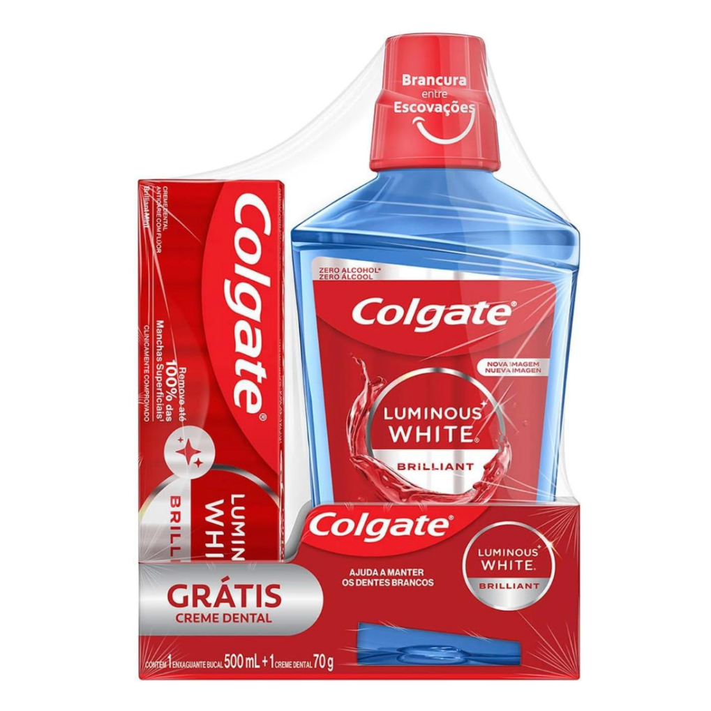 Kit Enxaguante Bucal Colgate Luminous White 500ml + Creme Dental Clareador Luminous White Brilliant White 70g