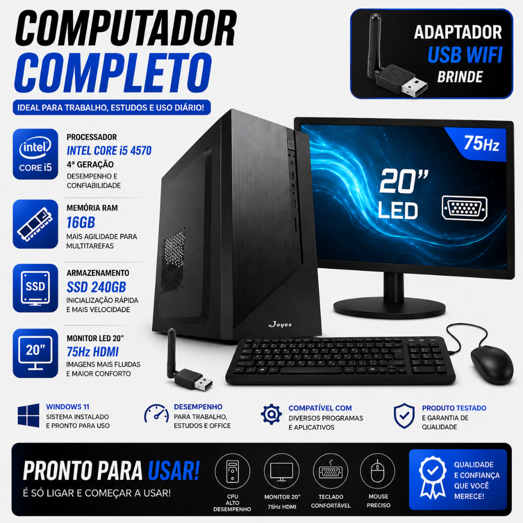 COMPUTADOR COMPLETO OFFICE INTEL CORE I5 4570 4ª GERAÇÃO 16GB RAM SSD 240GB MONITOR 20'' 75HZ HDMI WINDOWS 11