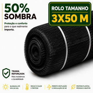 Tela Sombrite 50% Tamanho 3X50 Metros Sombreamento Horta Jardim Viveiro Mudas Flores Anti-UV