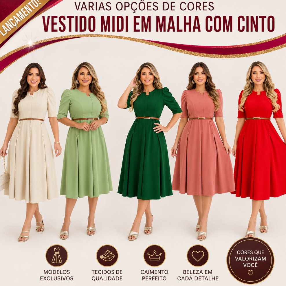 VESTIDO MIDI MALHA CREPE; MODA EVANGELICA ELEGANTE; ACINTURADO COM CINTO; CONGRESSO, CULTO; CRISTÃO.