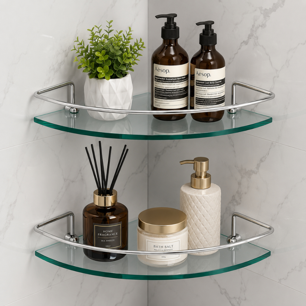 Kit 2 Prateleira de Canto Vidro Porta Shampoo Objetos Organizador para Banheiro Cozinha e Lavanderia