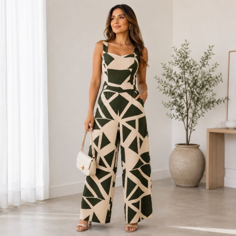 Macacão longo femenino casual chic com bojo e lastex nas costas pantalona wide leg com bolsos tecido duna