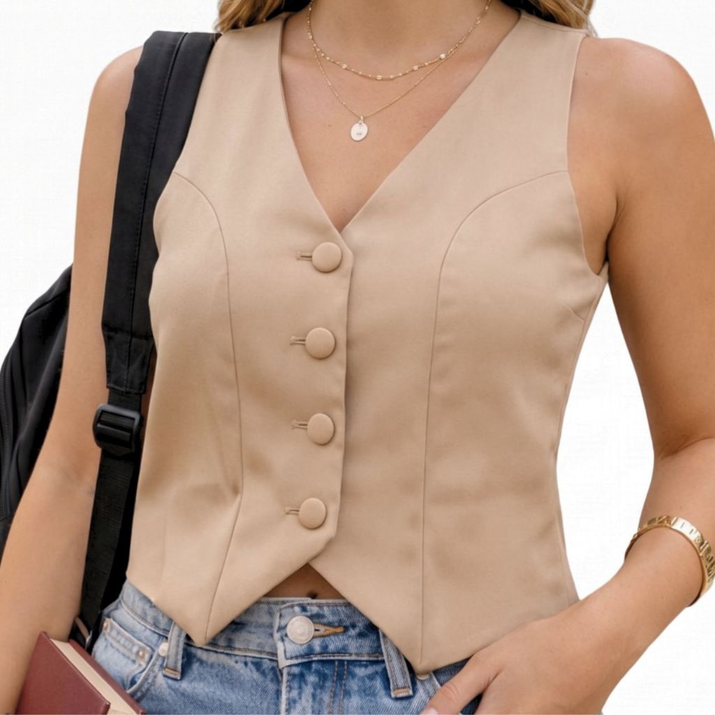 Blusa Colete Feminino Alfaiataria Social Estilo Regata com 4 Botões Forrados do mesmo Tecido