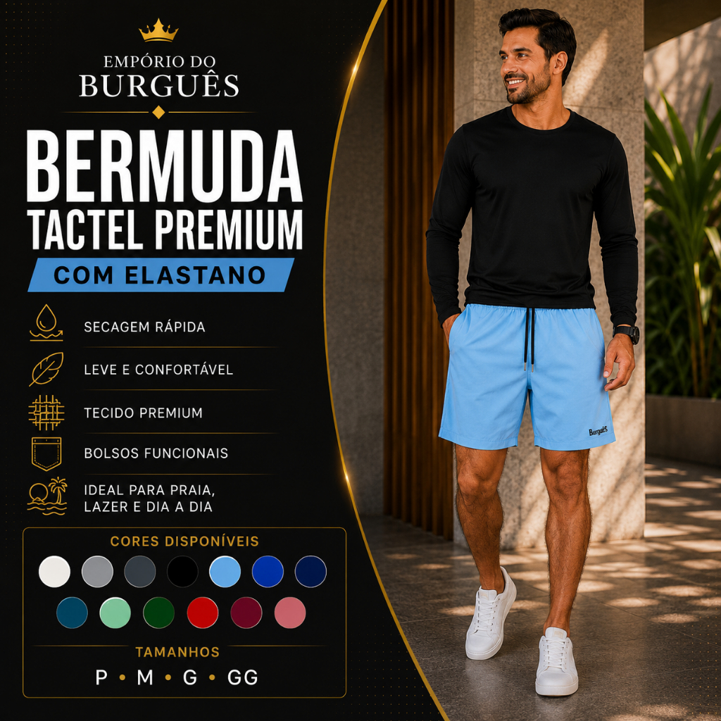 Bermuda Tactel Masculina Com Elastano Praia Academia Short Secagem Rápida Leve Casual Bolso