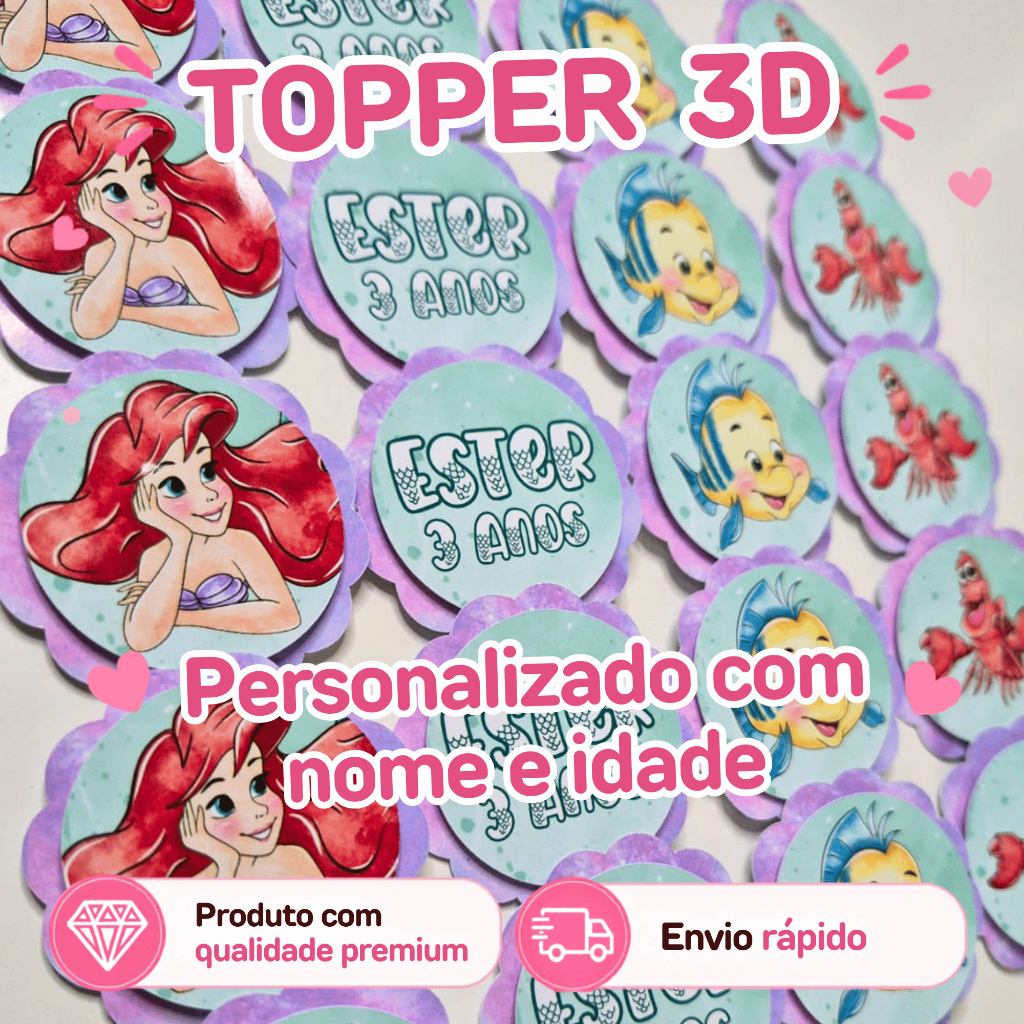 Topper de Doces ou Cupcake Ariel Sereia Aquarela 3D Personalizados /Lembrancinha de Festa /Aniversário / Festa Infantil