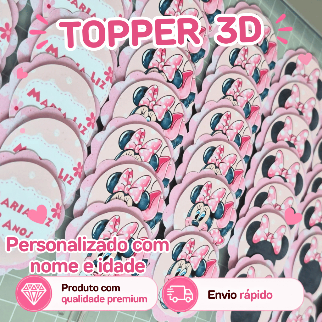 Topper de Doces ou Cupcake Minnie Rosa Aquarela 3D Personalizados /Lembrancinha de Festa /Aniversário / Festa Infantil
