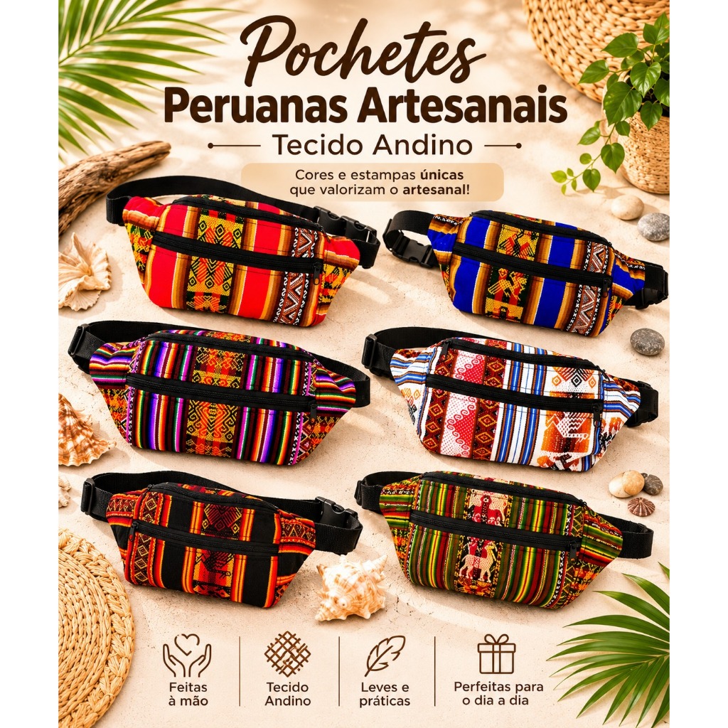 Pochete Peruana Manta Andina Artesanal Ajustável Unissex Boho Peru
