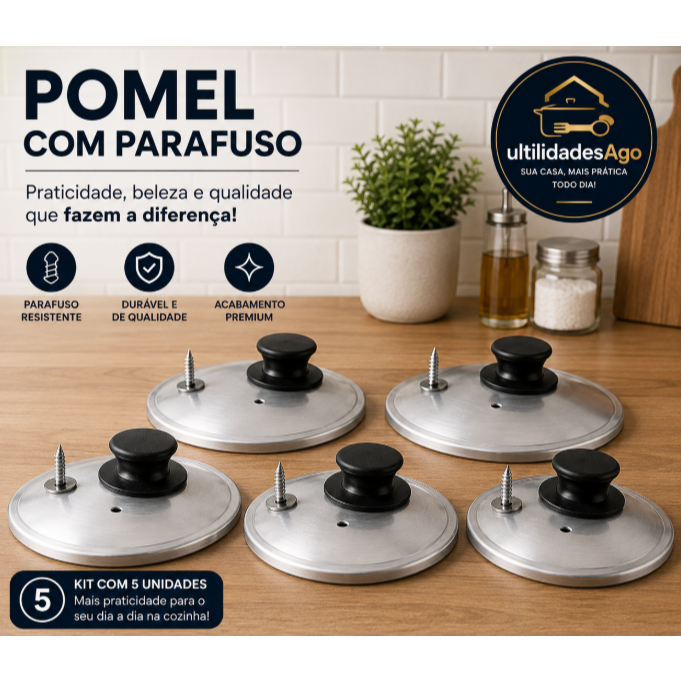 Kit 5 pomel puxador pegador 5 peças p/ tampa de panela