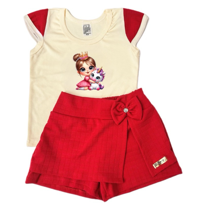 Conjunto de Blusa e SHORT saia VERMELHA Infantil estampa Sortida Moda verão confortavel
