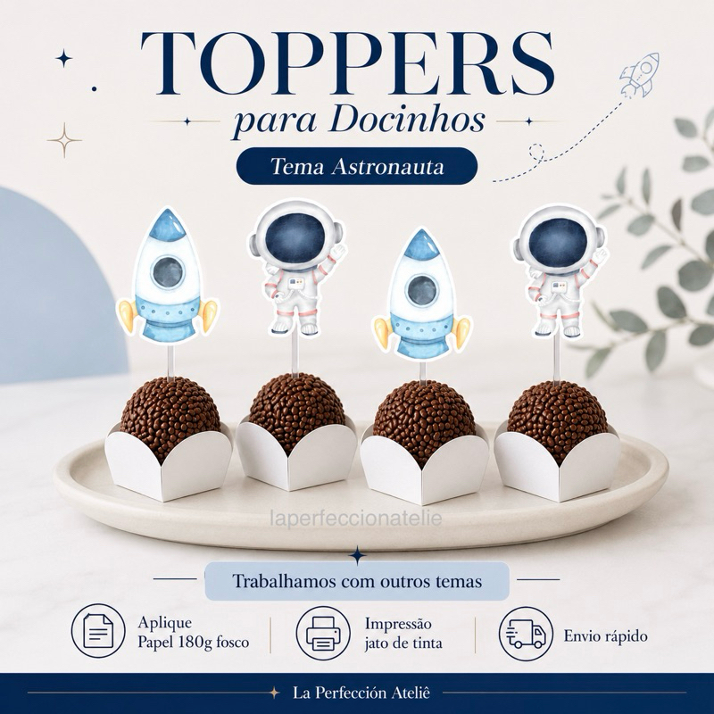 Toppers para Docinhos Astronauta 30/50/70/100 un Festa Astronauta Toppers Brigadeiro Astronauta