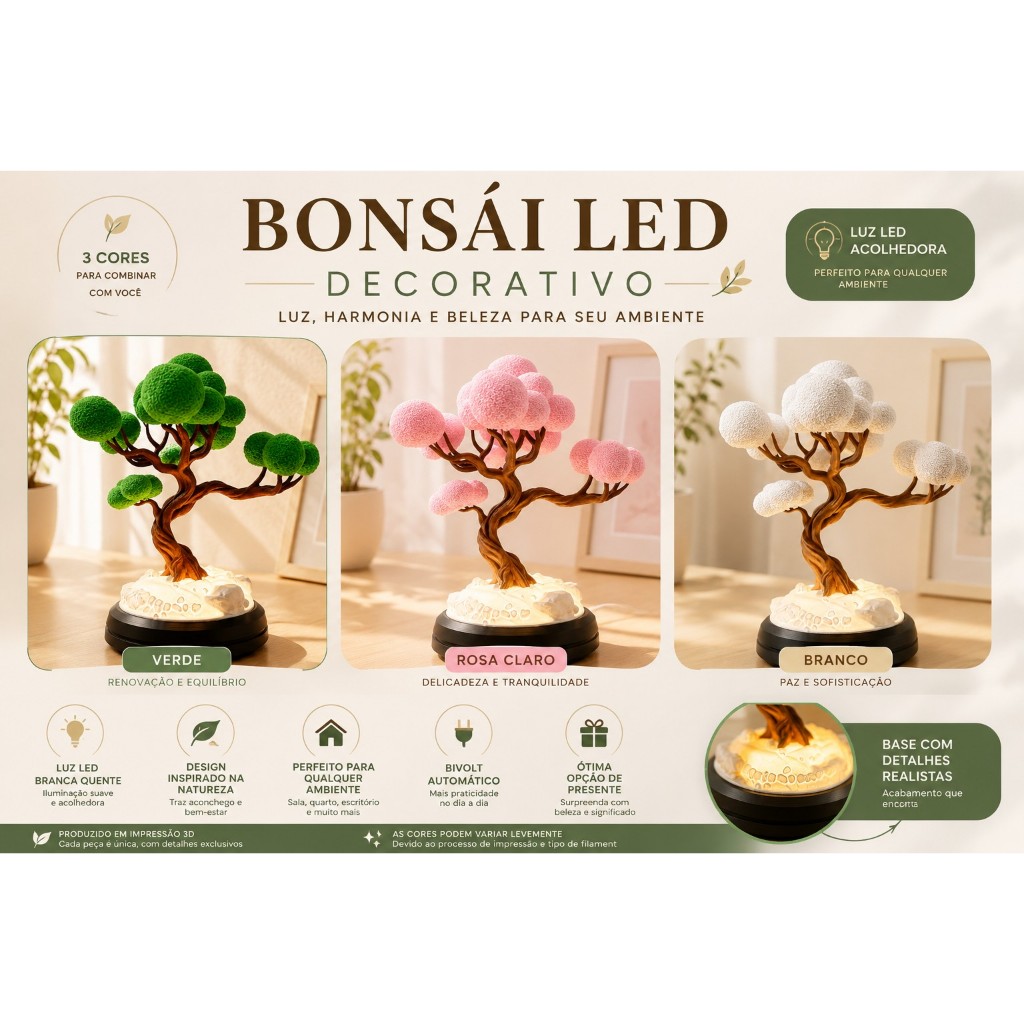 Imagem Luminária de Mesa Bonsai Decorativa LED Impressão 3D Abajur Árvore Zen 22cm
