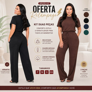 Conjunto Feminino Calça Com e Blusa Manga Curta Malha Lanzinha Tricot Confortável Meia Estação Elegante Versátil Casual