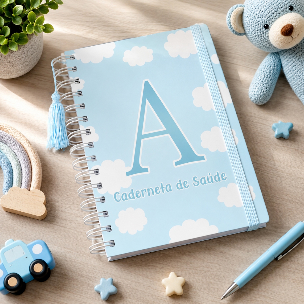 Caderneta de Vacinação Caderno de Saúde Menino Iniciais Alfabeto Capa Dura 118 Páginas Ceu Azul
