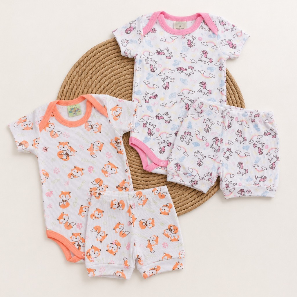 Kit 4 Peças Bebê Menina Body + Tapa Fralda em Ribana Canelada Estampas de Tigrinho Raposinha Unicórnio