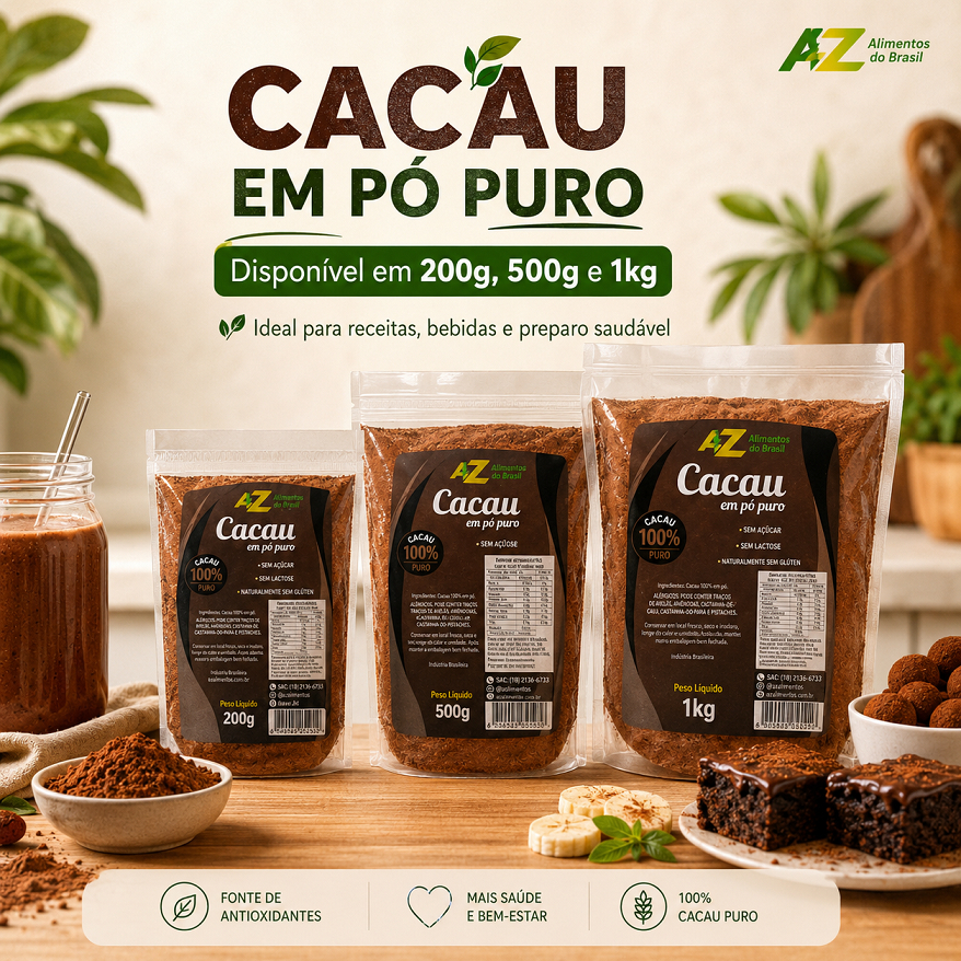 CACAU EM PÓ 100% ALCALINO PREMIUM SEM AÇUCAR E SEM GLUTEN AZ