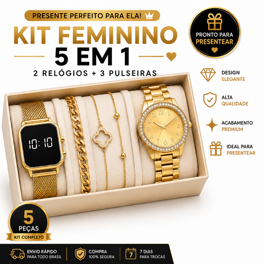 Kit Relógio Feminino Dourado 5 em 1 Luxo + Pulseiras Presente Elegante Barato Promoção