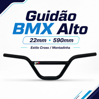 Guidão BMX Alto Para Bicicleta Aro 20 24 26 Cross 22mm 59cm Preto Aço Montadinha