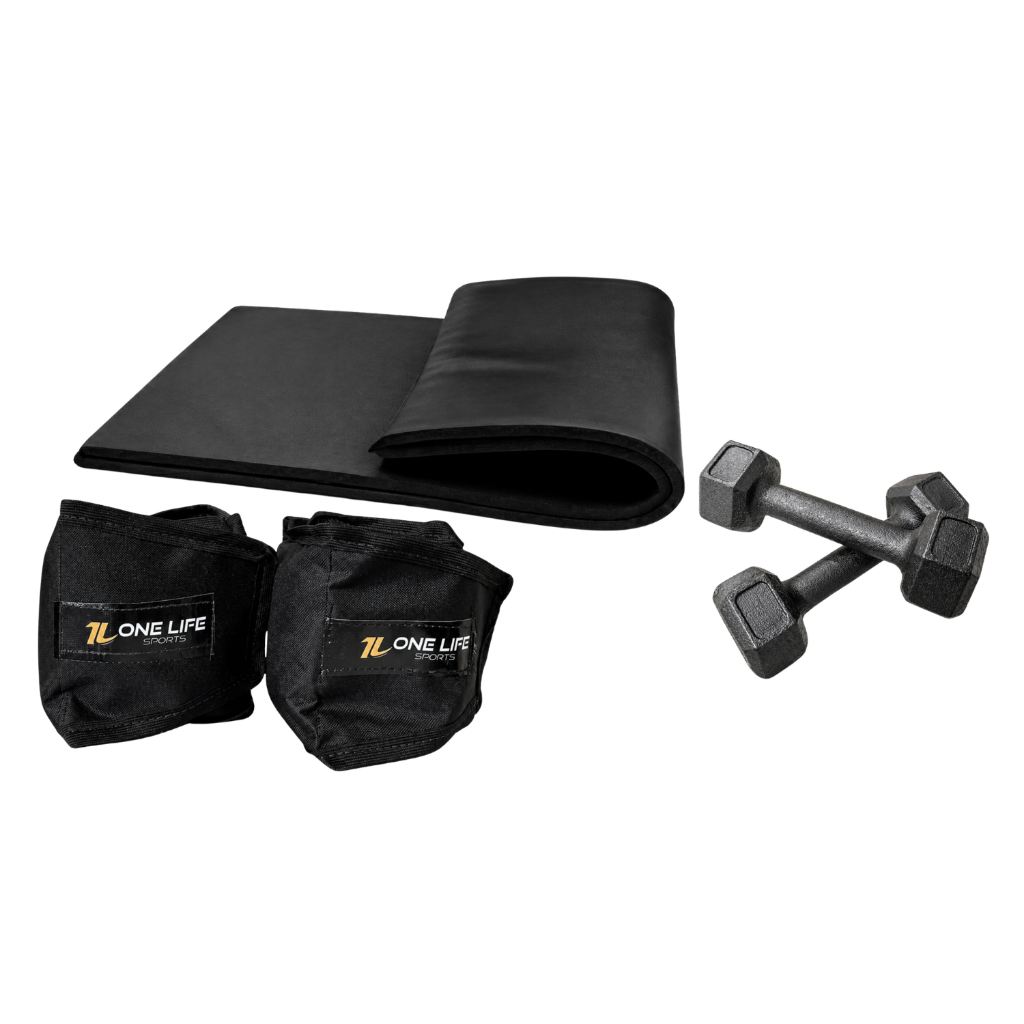 Imagem Kit Treino em Casa Halter Sextavado 2kg Caneleira 2kg Colchonete Academia Cross Training Fitness