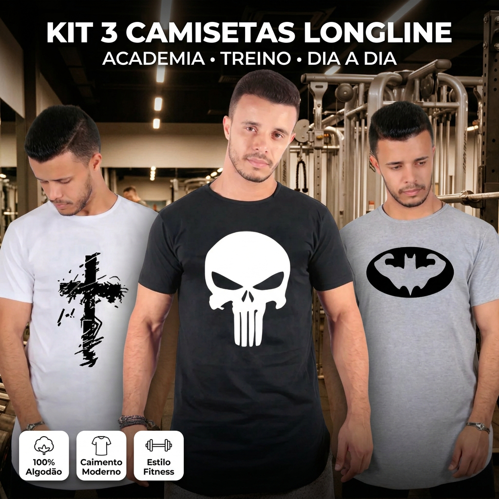 Kit 3 Camisetas Masculinas Longline Oversized Academia Musculação Estampa Fitness