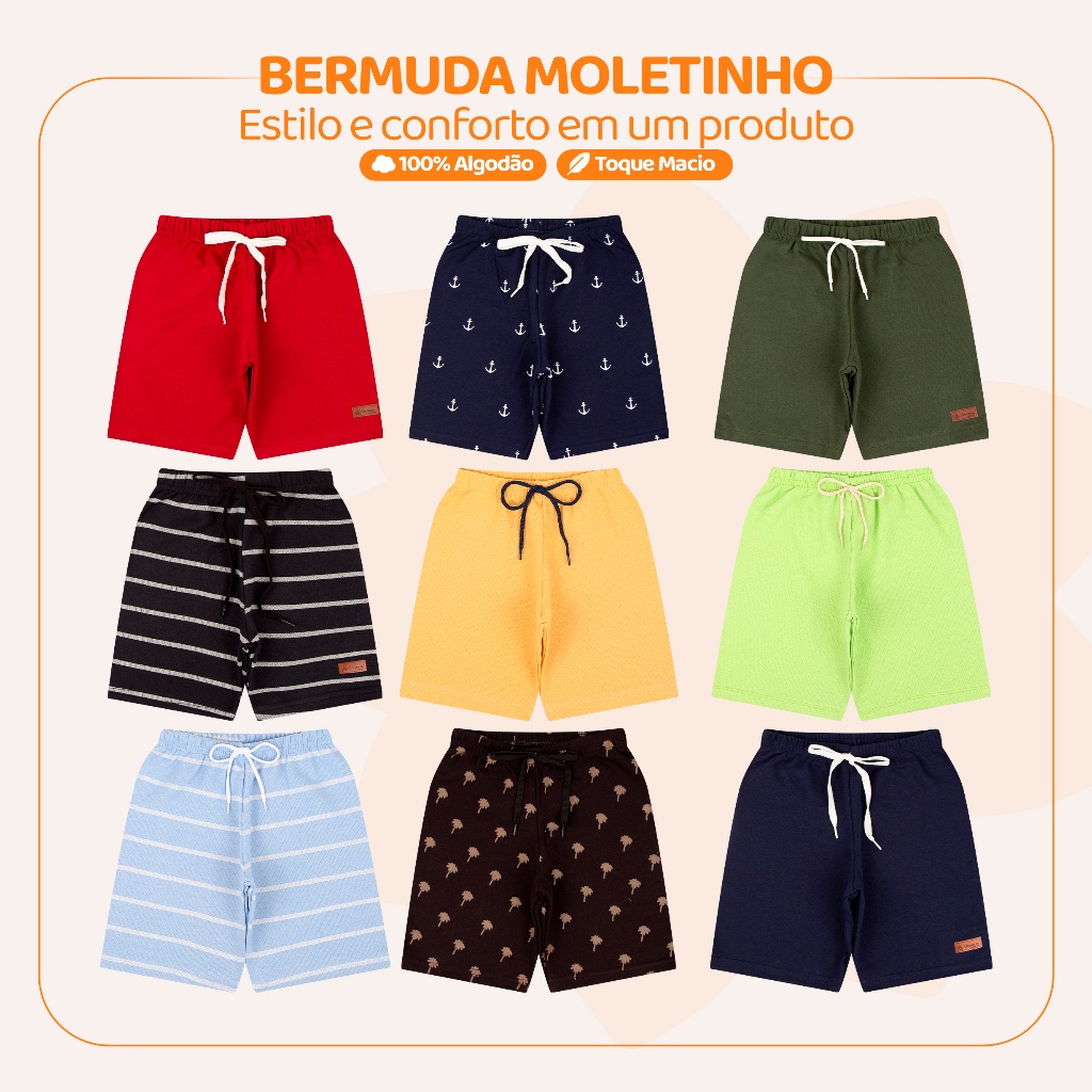 Kit 3 ou 5 Bermudas Menino Infantil Moletinho em Algodão Moda Casual