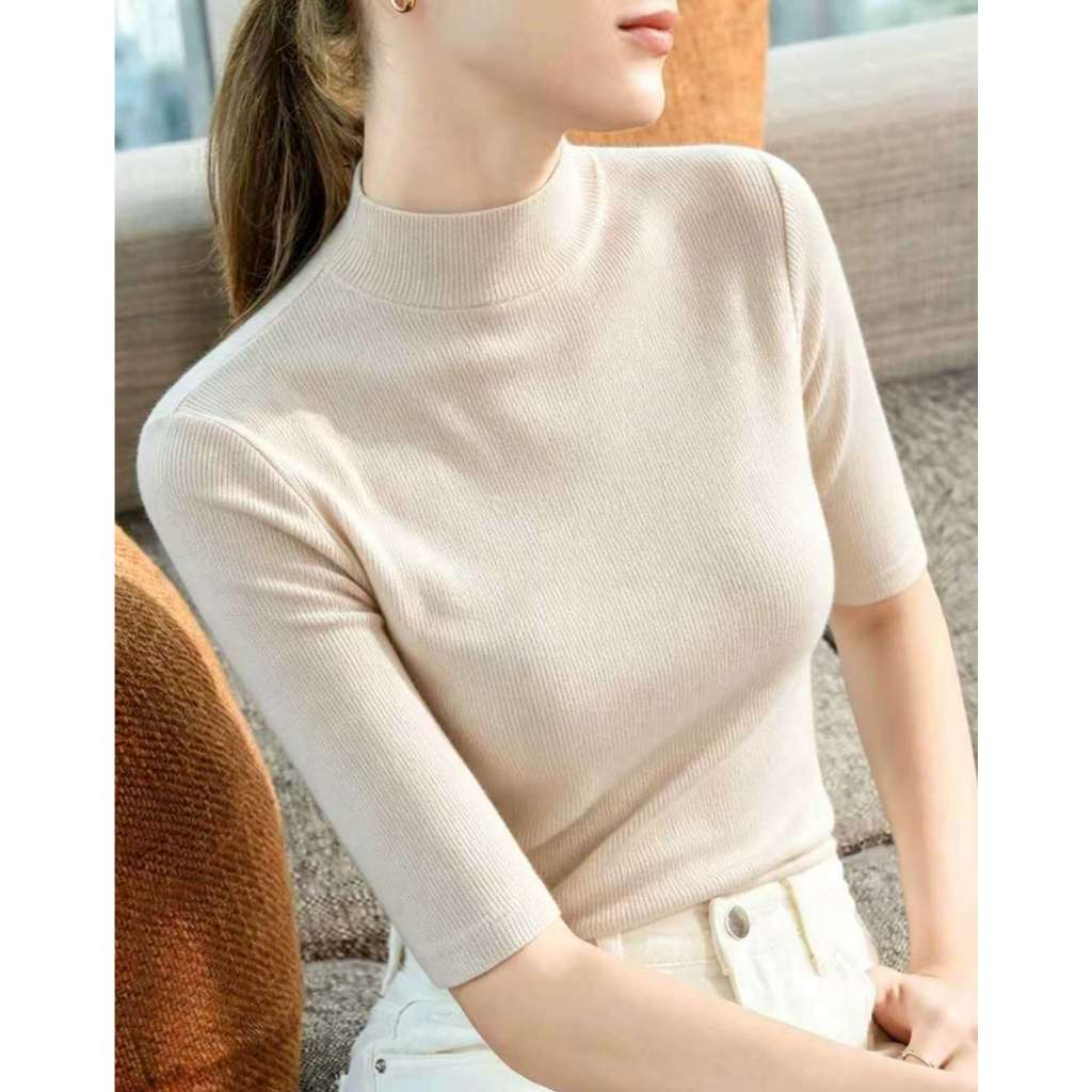 BLUSA FEMININA MALHADO GOLA ALTA MANGA DO MEIO SIMPLES Tecido De Ribana P M G