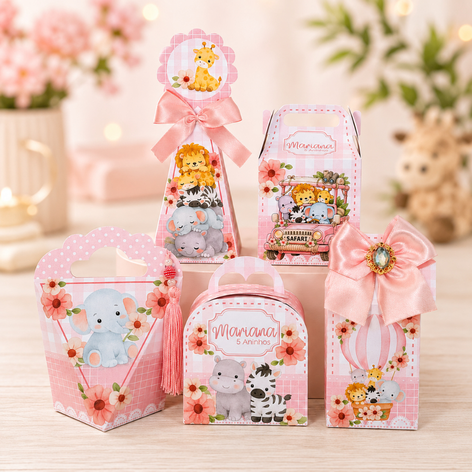 Caixinhas Personalizadas Safari Menina para lembrancinha de aniversário com nome e idade
