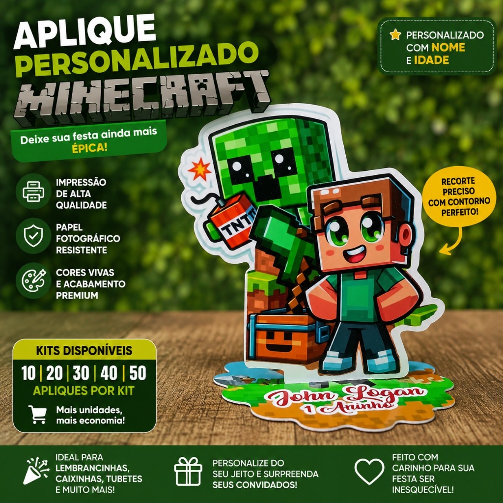 Aplique Personalizado Minecraft para Caixinha Acrílica 5x5 | Nome e Idade | Festa Infantil | Lembrancinha