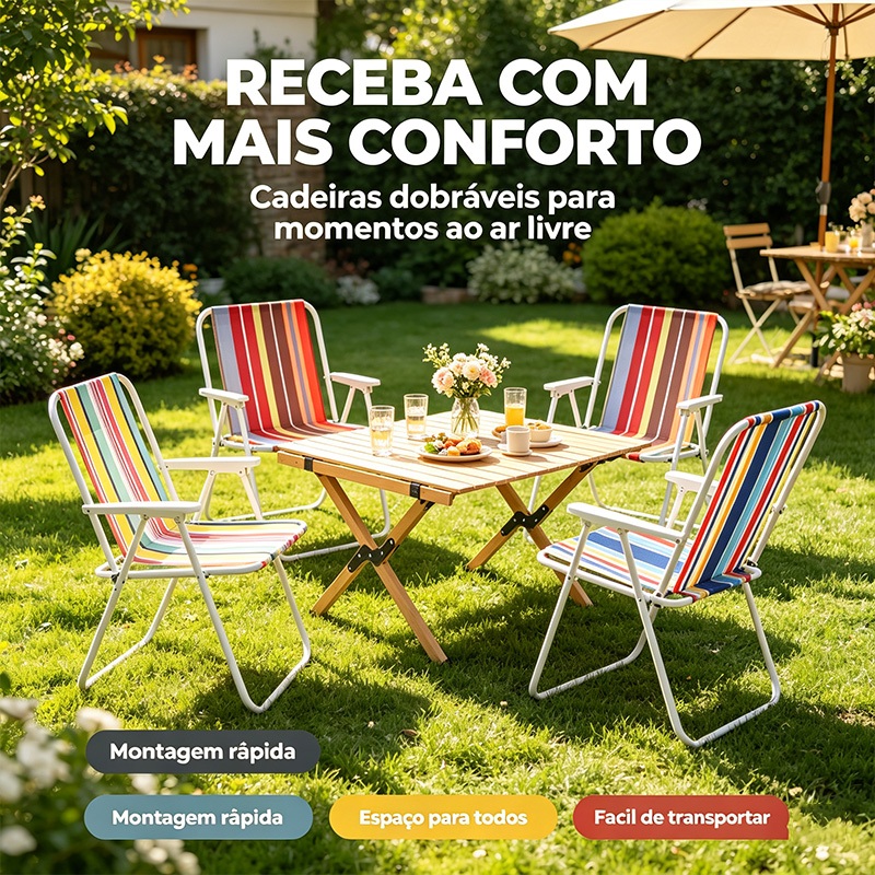 Cadeira Dobrável de Praia e Piscina: Estrutura de Aço Reforçada, Leve e Resistente para Camping e Lazer