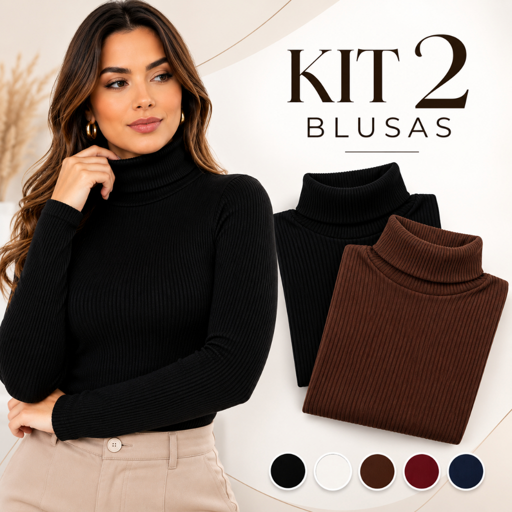 KIT 2 Blusas Feminina Cacharrel Canelada Premium Gola Alta Manga Longa Sueter Elegante Básica Inverno