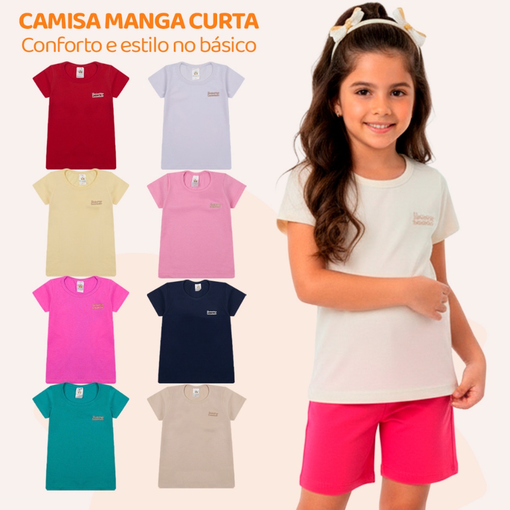 Kit 2, 6 ou 8 Blusas Manga Curta Infantil Menina Básica Lisa Moda Casual Blusa F