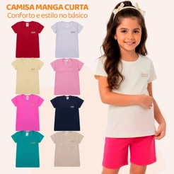 Kit 2, 6 ou 8 Blusas Manga Curta Infantil Menina Básica Lisa Moda Casual Blusa Feminina Infantil