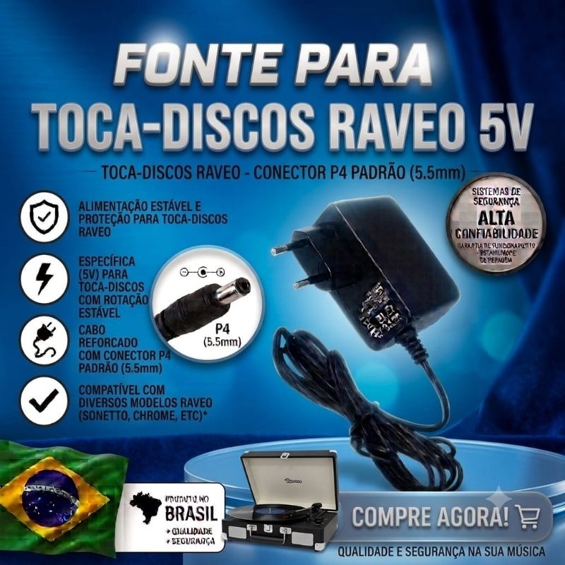 Fonte Compatíveil Com Toca-Disco Vitrola Raveo