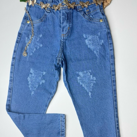 Calça jean infantil com cinto  menina tradicional moda casual conforto e estilo.