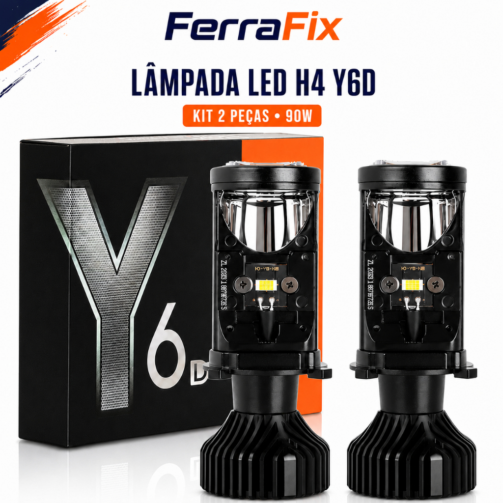 Kit 2 Lâmpadas LED H4 Mini Projetor Alto e Baixo 90W 24000LM para Carro e Caminhão